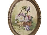 peinture représentant un panier de fleurs posé sur une table, sur fond blanc