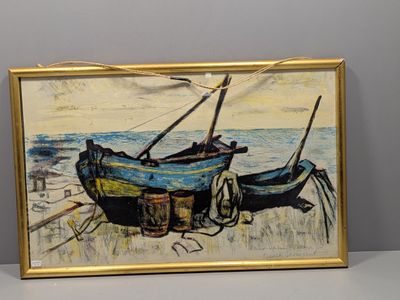 une image d'un tableau représentant un bateau sur la plage
