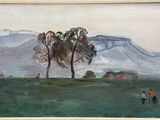 an oil painting of people walking in a field with a mountain in the background