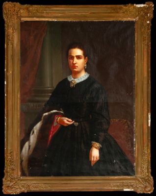 portrait of a woman in a black dress with a fur stoler