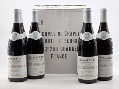 three bottles of red wine sit in front of a box
