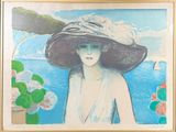 tableau représentant une femme coiffée d'un grand chapeau devant un plan d'eau