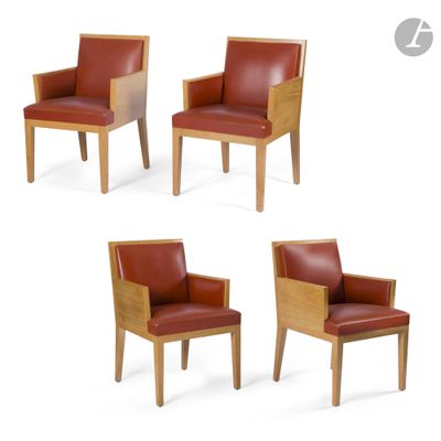 four chairs with red leather upholstered and wooden legs