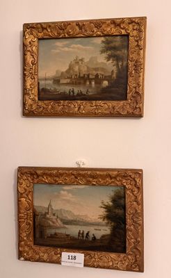 two paintings on a wall of a building with a river in the background