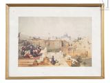 tableau représentant une vue de ville avec des personnes assises par terre