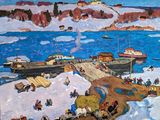 peinture représentant un tableau d'un port avec des bateaux et des personnes sur l'eau