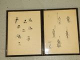 two framed drawings of people on the wall