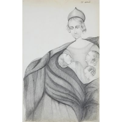 an old drawing of a woman holding a baby in her arms
