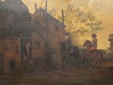 painting of a village scene with a man on a horse and a man on a horse