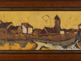 an image of a painting of a village with a clock tower in the background