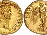 a gold coin with an image of a woman and a man on it