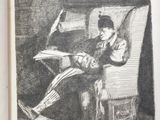 illustration of a man sitting in a chair reading a book with a bird perched on his arm