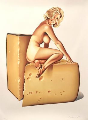 a painting of a woman sitting on a piece of cheese