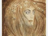a drawing of a woman with long hair and a crown on her head