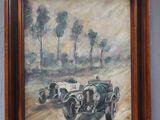 an oil painting of a race car going down a dirt road