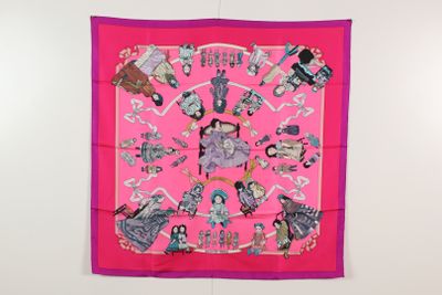 foulard en soie rose représentant une femme en robe rose et un homme en costume rose