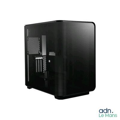 Le boîtier de l'ordinateur est noir et comporte un petit ventilateur sur le dessus.