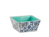 jardinière carrée bleue et blanche avec un motif floral