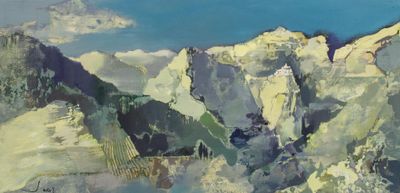 peinture représentant une chaîne de montagnes avec un ciel bleu en arrière-plan