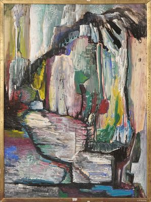 une peinture à l'huile représentant une personne marchant dans la rue avec un parapluie