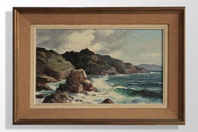 tableau représentant une côte rocheuse où les vagues viennent se briser contre les rochers