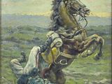 tableau représentant un homme tombant de cheval dans un champ