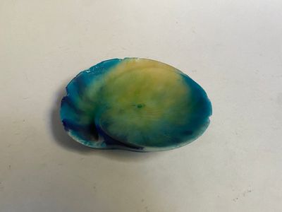 une photo d'un objet bleu et vert posé sur une surface blanche