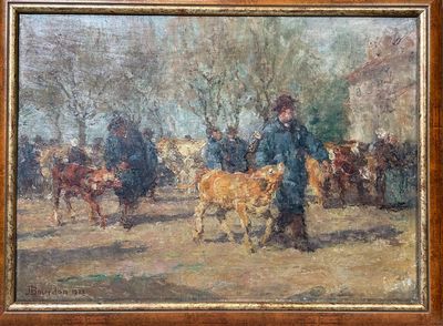an oil painting of a man leading a herd of cattle