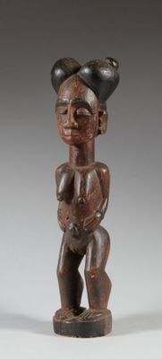 un gros plan sur une statue en bois représentant un personnage avec des cornes sur la tête