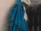 tableau représentant une femme en robe bleue debout à côté d'une vache noire