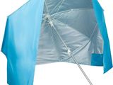 a blue umbrella with a silver handle on a white background