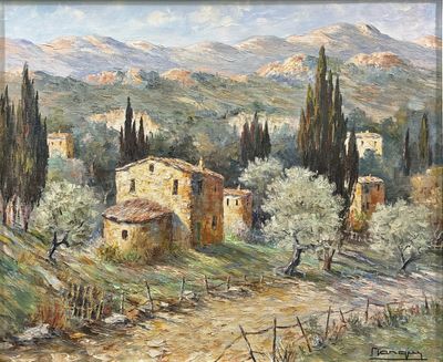 une peinture à l'huile représentant un village de montagne avec un chemin de terre