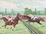 tableau représentant un groupe de jockeys et de chevaux en pleine course sur une piste