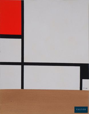 an abstract painting with red, black, and white squares on a beige background
