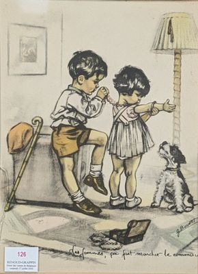 un dessin représentant un garçon et une fille jouant avec un chien