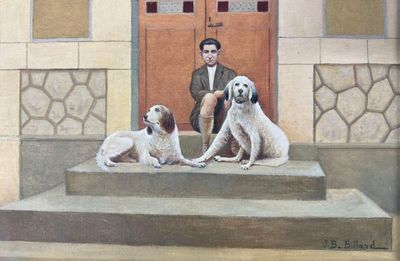 a painting of a man and two dogs sitting on the steps