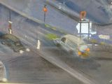 a painting of a painting of a city street with cars