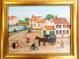 tableau représentant une calèche tirée par des chevaux sur une route de campagne, devant une maison