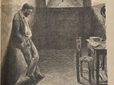 drawing of a man leaning against a wall in a room