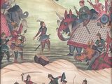 tableau représentant un groupe d'hommes à cheval dans un champ