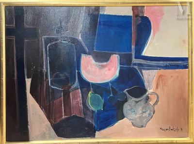 un tableau représentant un vase et une cruche posés sur une table