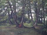 un tableau représentant une femme assise sous un arbre dans les bois
