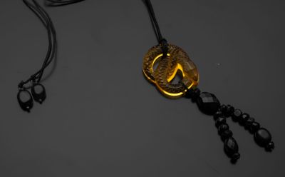 une photo en noir et blanc d'un collier orné d'un pendentif en or