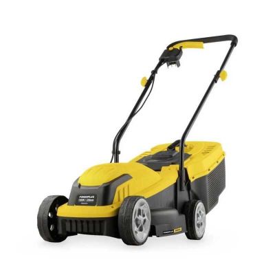 a yellow and black lawn mower on a white background