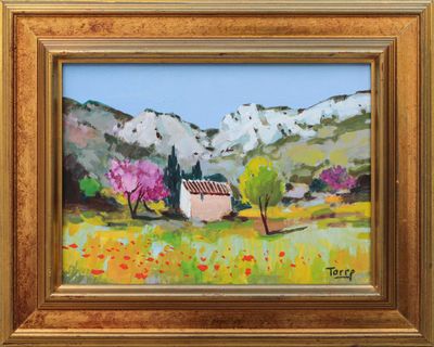 a painting of a small house in a field of flowers