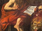 an image of a painting of a man reading a book next to a lion