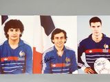 two pictures of a man holding a soccer ball in front of a flag