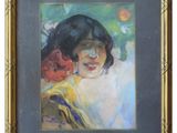 an oil painting of a woman with a flower in her hair