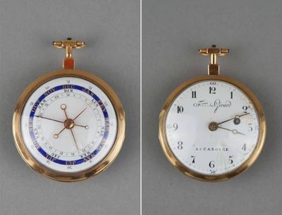 two pictures of a gold pocket watch with a blue face
