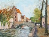 tableau représentant une rivière traversant une petite ville avec un pont